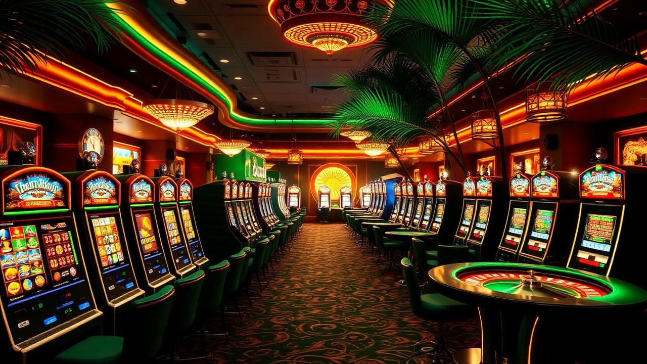 Sfeervolle casino-lobby met slotmachines, roulettetafel en tropische palmen